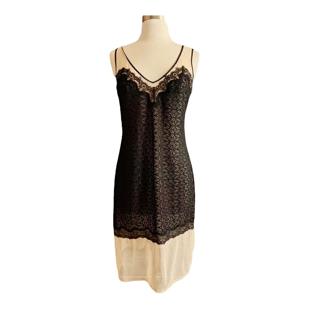 VICTORIA'S SECRET Black Lace Slip Dress Nude Illusion Mesh Nightgown Small EUC